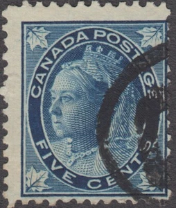 Canada: #70 5c QV Blue Leaf Issue, 2 plate scratches (UR Leaf) Variety, Used - Picture 1 of 1