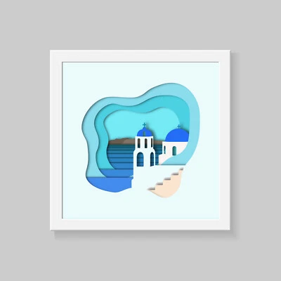 Santorini Wall Art, layerd 3D effect Print Poster, famous cities wall art - Image 1 of 4