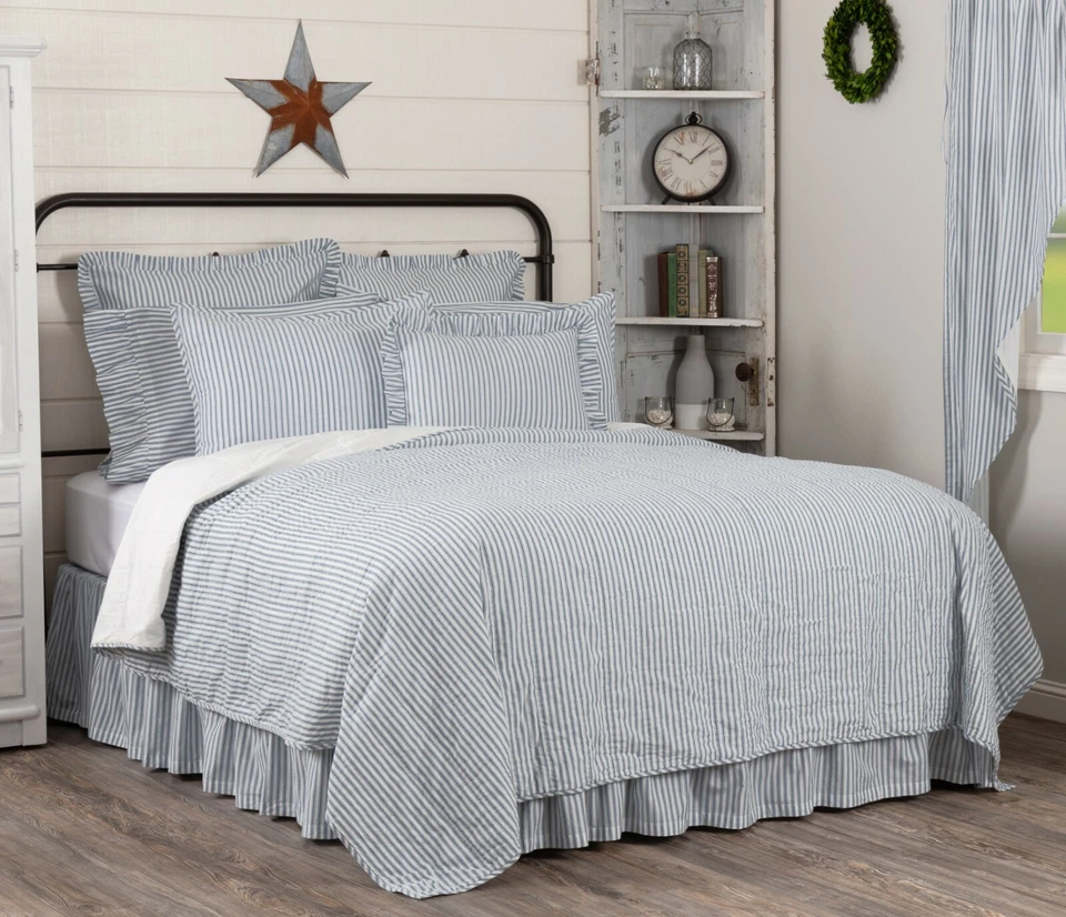 Blue King тикающая полоса лоскутное одеяло фермерский дом постельное белье сойер мельница ручная стеганая хлопок - Изображение 1 из 4