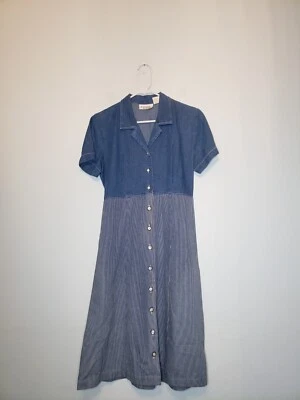 Винтажный Halmode миниатюрных женщин 8 джинсовой ткани платье синяя полоса кнопка спереди 100% хлопок - Изображение 1 из 4