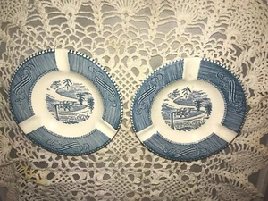 2 Currier and Ives 5 1/2" Ash Tray Blue & White Central Park Bench - Picture 1 of 4