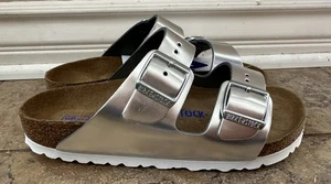 Birkenstock Arizona sandalo plantare morbido in argento metallizzato taglia 36 - Foto 1 di 7