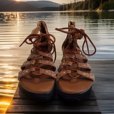 Jellypop Elvie Gladiator Sandals Womens Sz 6 Faux Leather Brown Flats Casual  - Image 1 of 4