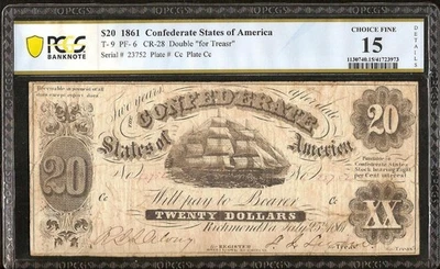 1861 $20 DOUBLE "for Treasr" CONFEDERATE NOTE CIVIL WAR MONEY T-9 PF-6 PCGS 15 - Image 1 of 3