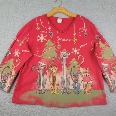 JESS & JANE Top Mujer 2X Rojo Maullido Navidad Gatos Estrás 100% Algodón EE. UU. Foto 1 de 4