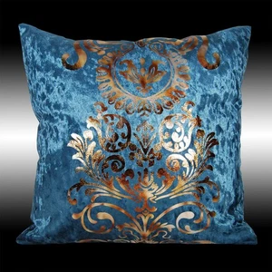 LUXURY SHINY BLUE GOLD DAMASK SOFT VELVET CUSHION COVER THROW PILLOW CASE 17" - Picture 1 of 7