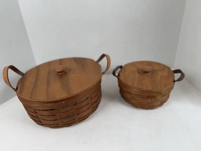 Longaberger Lidded Baskets Set of 2 Handwoven Leather Handles USA Wood Lids - Image 1 of 4