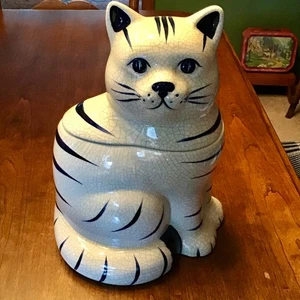 Dedham Pottery The Potting Shed große Katze Keksdose Vintage 2000 Crackle Glasur - Bild 1 von 13