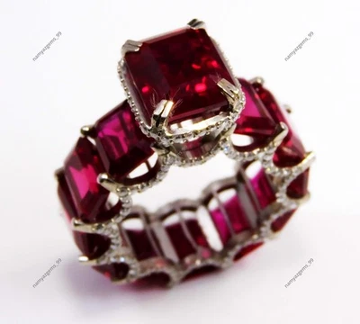 Anello in argento sterling 925 con rubino rosso taglio smeraldo e anello mois... - Immagine 1 di 4