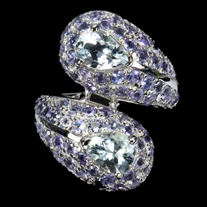 925 Anello Argento Sterling Pera Acquamarina Tanzanite Naturale Gemma Taglia 8 - Foto 1 di 14