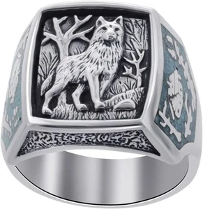 Men's Southwestern Style Simulated Turquoise Wolf Silver Ring Jewelry Gift Size  - Picture 1 of 7