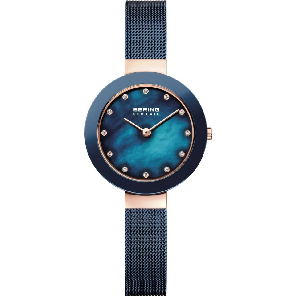BERING Ceramic 29mm Blue Mesh Swarovski Markers Womens Watch 11429-367