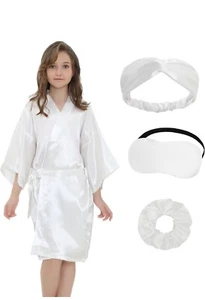 EPLAZA Kids Girls Satin Robe with Hair Band Eye Mask for Birthday Kimono Size 10 - Picture 1 of 13
