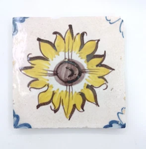 Antique Portuguese Tile 18th century, ceramic tiles yellow flower, sunflower - Picture 1 of 6