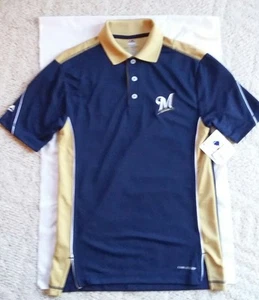 MILWAUKEE BREWERS MAJESTIC POLO MENS BLUE & TAN SHORT SLEEVE SHIRT SIZE S - Picture 1 of 1