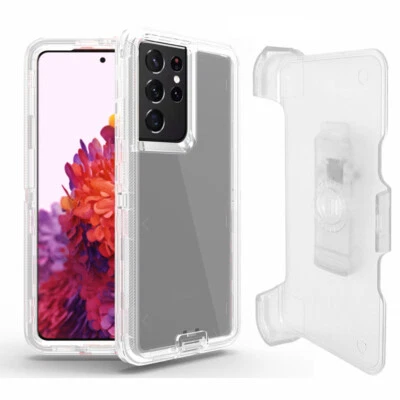 Transparent Clear For Samsung Galaxy S21 S21+ Ultra Defender Case w/ Belt Clip - Image 1 of 4
