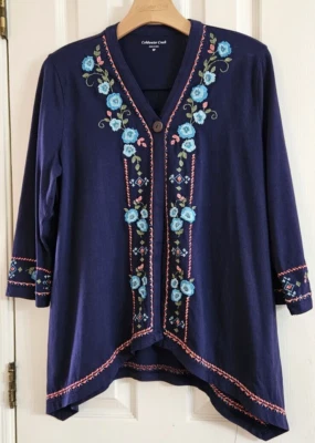 Coldwater Creek Navy Blue Embroidered Floral Asymmetrical One Button Top Size SP - Image 1 of 4