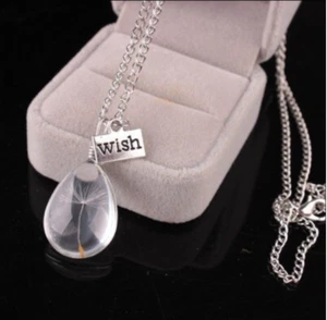 Dandelion Seed MAKE A WISH Pear Necklace Silver Chain Gift Pendant Resin - Picture 1 of 1