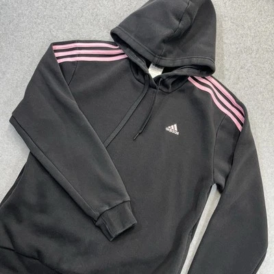 Adidas 3 Stripe Hoodie Pullover Sweatshirt Womens Small S Black Pink Stripes - Image 1 of 4