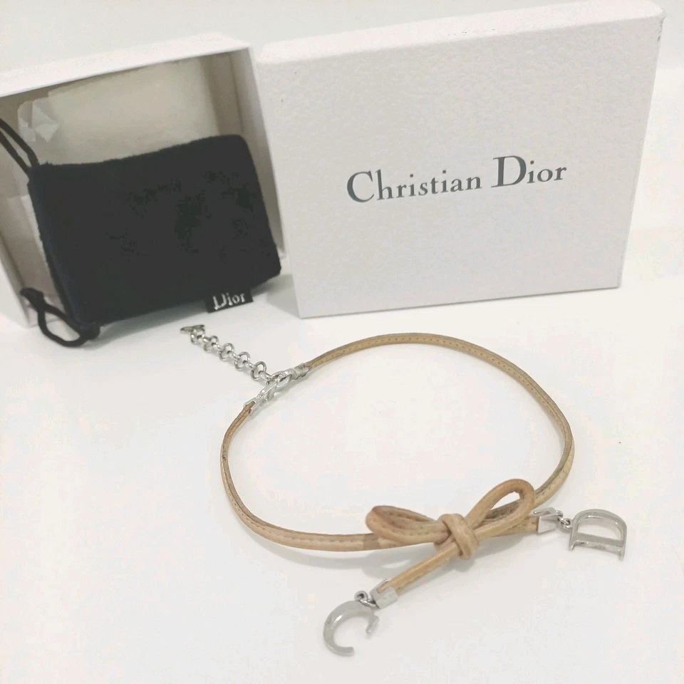 Christian Dior Vintage CD Logo Charm Bow Tie Beige Leather Choker Necklace & Box - Image 1 of 4