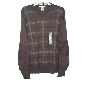 Geoffrey Beene Mens Brown Sweater Long Sleeved V Neck Cotton SZ XL Elbow Patch - Picture 1 of 15