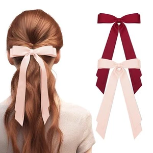 2Pcs Satin Hair Bows French Barrette Clips Red Light Pink Hair Accessories - Picture 1 of 6
