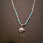 Stamped Vintage Native American Liquid Silver Necklace w/Turquoise Heishi Beads