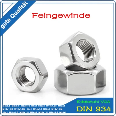 Edelstahl V2A Sechskantmutter Feingewinde M4 M5 M6 M8 M10 Bis M24  X 0,5 - 1,5 - Bild 1 von 4