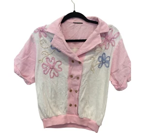Girl Top Blouse Double Button Short Sleeve Pink White Floral Embroidered Sequins - Picture 1 of 7