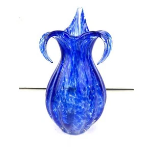 VTG Blue Murano Glass Vase Spotted Ribbed Vase 8.5" Tall Three Petal Floral MCM - Picture 1 of 11