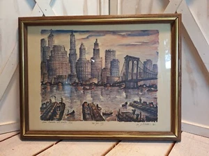 Puente de Brooklyn y bajo Manhatten JM Gallais 1964 estampado MCM de colección enmarcado - Imagen 1 de 17