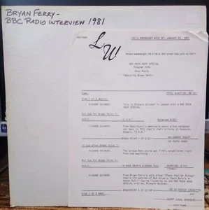Bryan Ferry BBC Radio Rock Hour Special 204 1/25/81 LP w/ cue sheet ~ Roxy Music - Picture 1 of 2