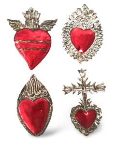 Milagros Charms - Tin Painted Sacred Heart Ornaments - Mexican Art (Set of 4) -