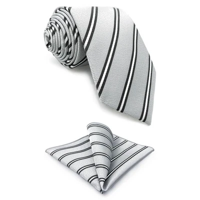 Striped Mens Neckties Grey with Silver Black Stripes for Suit Jacket Set with... - Image 1 of 4