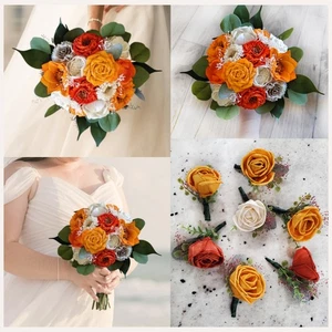 Bright Orange White Bridal Bouquet Sola Wood Bridesmaid Wedding Decor Flowers - Picture 1 of 7