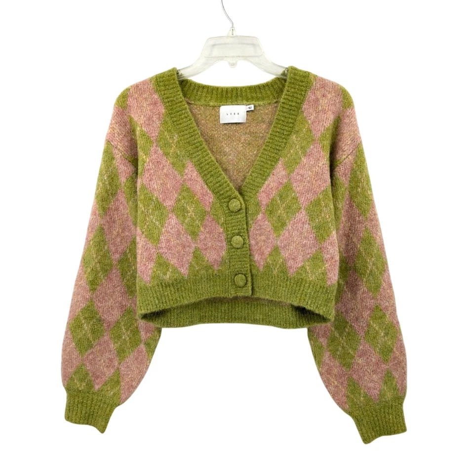 Cárdigan tejido recortado LUSH Argyle para mujer talla S grueso retro argyle abotonado Y2K Foto 1 de 4