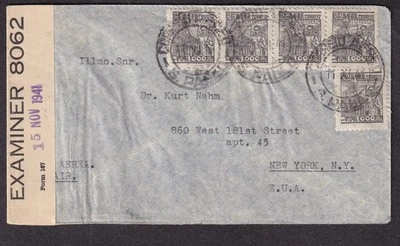 Brazil 1941 WWII PC90 censor cover Curt Cassell to Kurt Nahm 181st St NY - Image 1 of 2