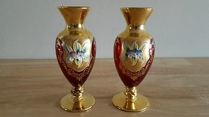 Vintage Bohemian Style Rose Red Gold Gilt Set of 2 VASES Raised Enamel - Picture 1 of 6