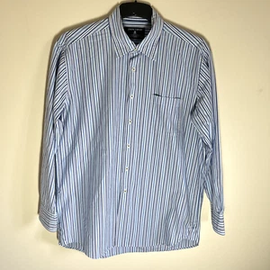 Joseph Turner Mens Pure Cotton Long Sleeve Button Up Blue Striped Shirt Size L - Picture 1 of 11