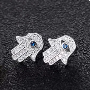 Silver CZ Hamsa Evil Eye Stud Earrings Punk Rock Hip Hop Jewelry Stainless Steel - Picture 1 of 2