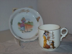 ANTIQUE NURSERY RHYME BABY DISH "BO PEEP" & "OLD MOTHER HUBBARD" MUG MADE IN GER - Picture 1 of 3