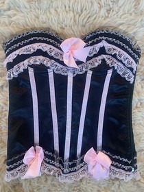 Black Bustier Corset With Pink Sissy Bows Lace Up & Zipper Size Medium Unbranded