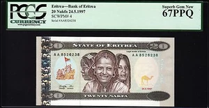 Eritrea 20 Nakfa 1997, PCGS 67 SUPERB GEM NEW (UNC), PPQ, P-4, PREFIX AA - Picture 1 of 4