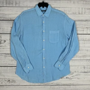 100% Linen Shirt Mens Large Button Up Relaxed Long Sleeve Blue Masons Contrast - Picture 1 of 13