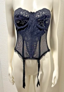 VTG Victoria’s Secret Lace Corset Bustier 36 Black Garter Hooks Lingerie Sexy - Picture 1 of 8