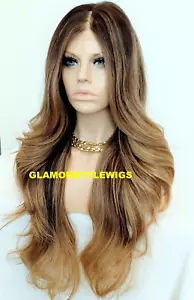 FREE PART LACE FRONT FULL WIG LONG WAVY LAYERED OMBRE GOLDEN BROWN MIX HEAT OK - Picture 1 of 7