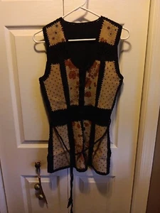 VTG 60s 70's Black Brown Suede Leather Crochet Button Up Vest Womens Size M - Picture 1 of 14