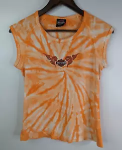 VTG Harley-Davidson Orange Tie Dye Sleeveless Shirt Loma Linda Cal Womens Large - Picture 1 of 11