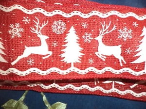 Red Trim Xmas Ribbon Scandinavian Wired Reindeer Trees 5 Yds  Lot of 2 - Picture 1 of 2