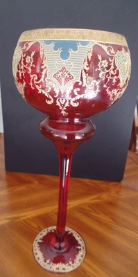 Vintage Venetian Style Red Flashed Art Glass 20" Vase Gold Lace Decal Decoration - Image 1 of 4